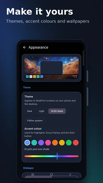Themes, accent colours and wallpapers