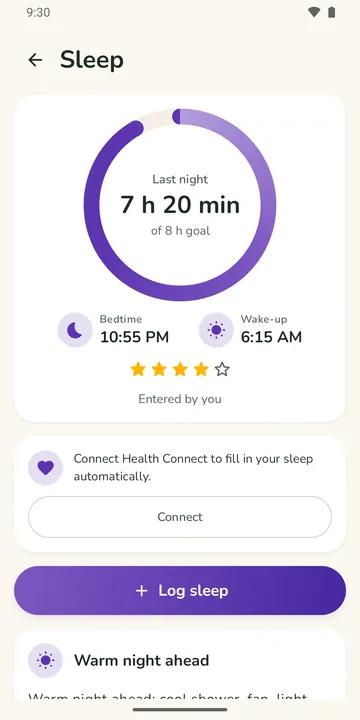 Last night’s sleep with bedtime and wake-up